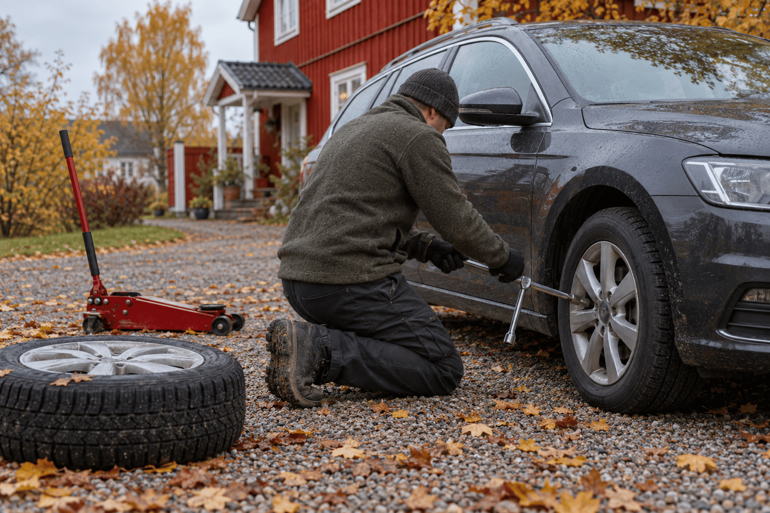 Person som lossar hjulbultarna med ett fälgkors innan bilen lyfts, med en domkraft och ett vinterhjul bredvid på en grusuppfart.