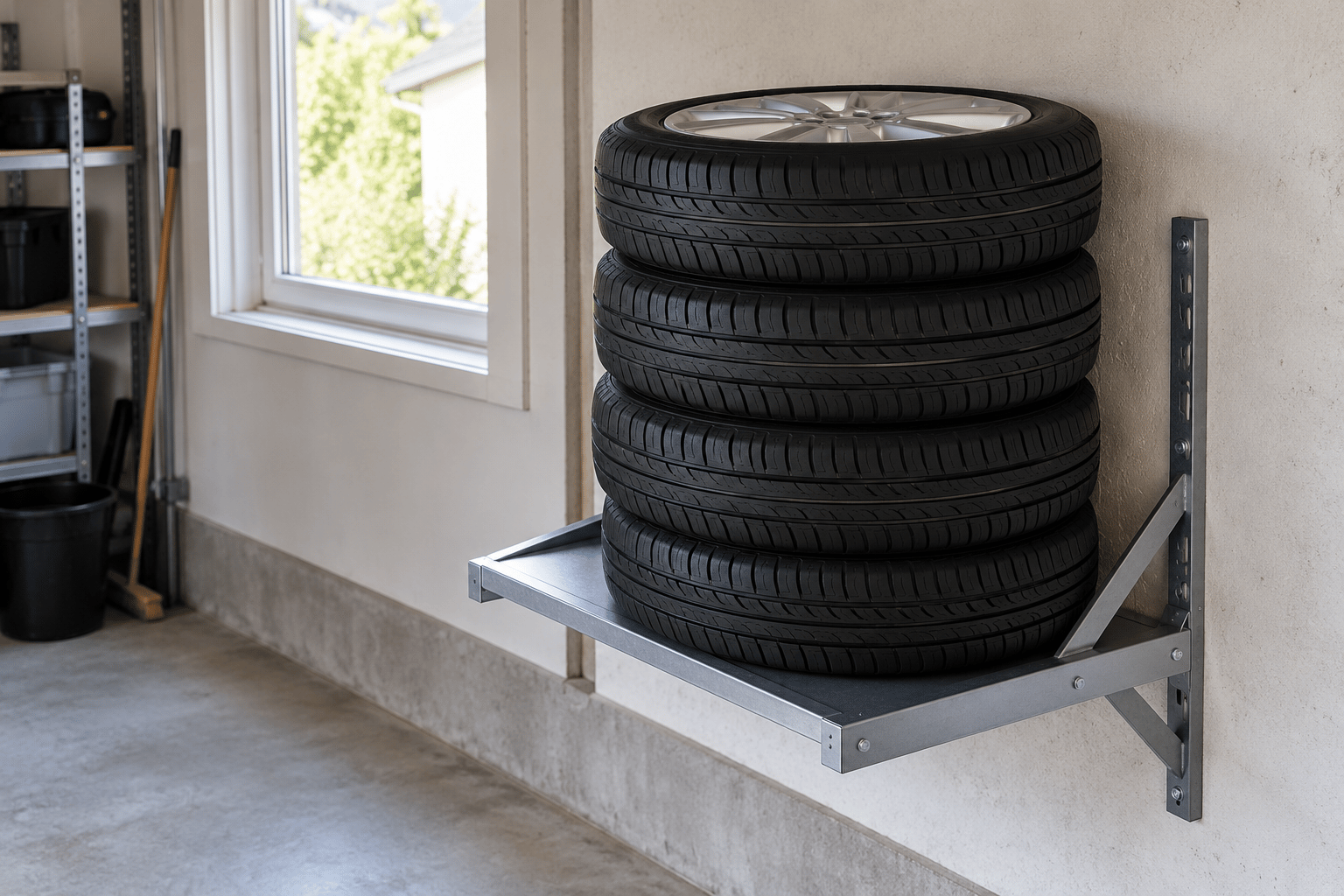 Fyra kompletta hjul som förvaras liggande på en vägghylla i ett svalt och torrt garage.