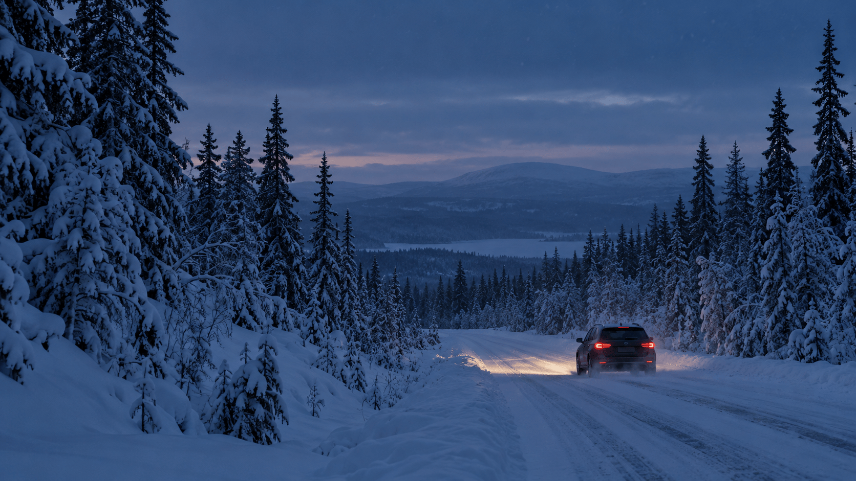 Bil som kör på en snötäckt väg i Norrland i blått vinterljus, med snötyngda granar längs vägen.